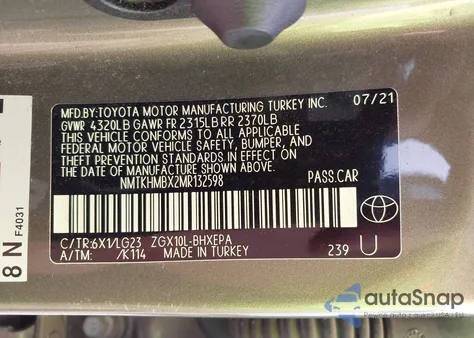 2021 Toyota C-Hr Limited из США, поврежденный, VIN NMTKHMBX2MR132598